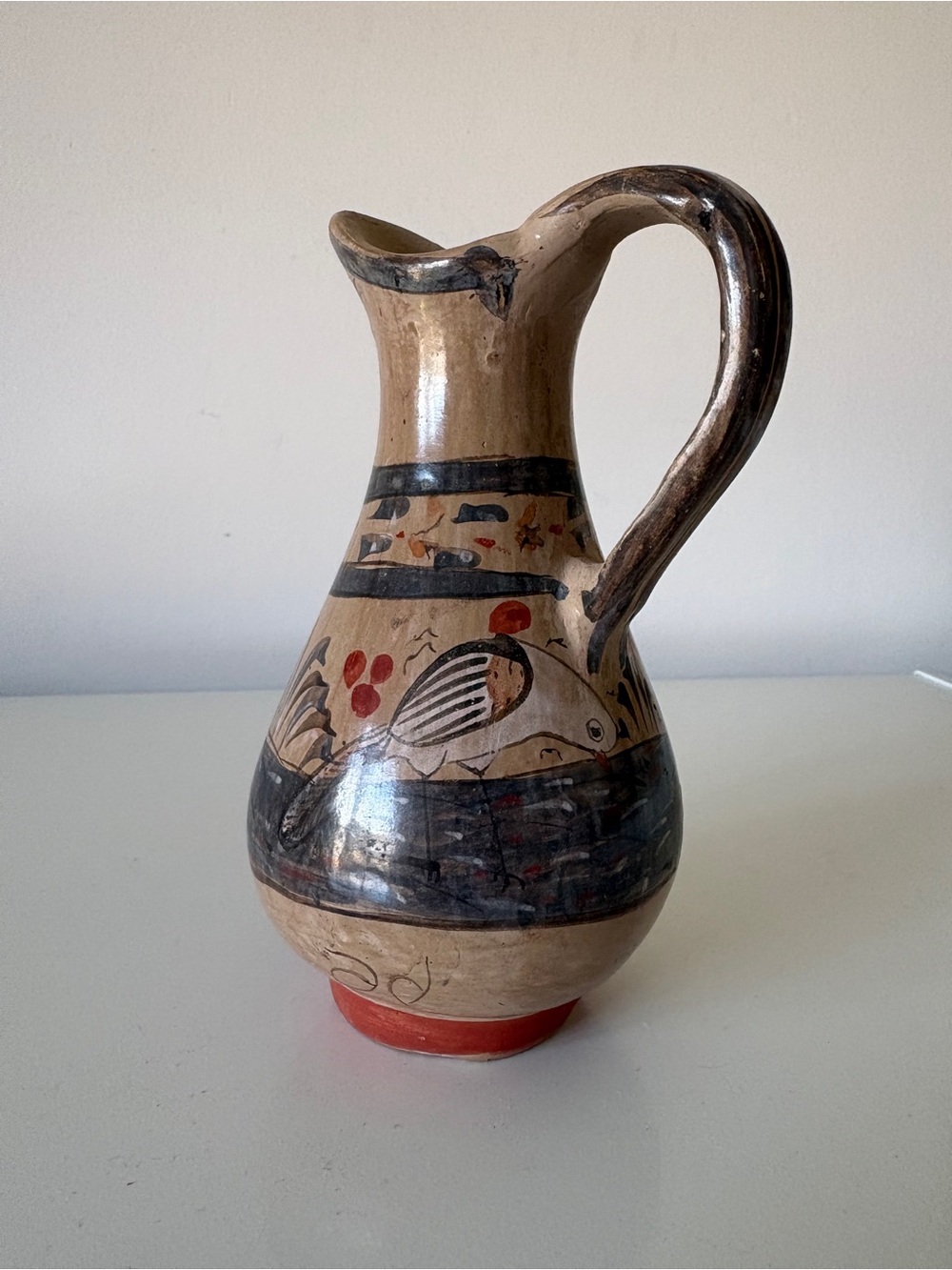 Vintage Signed Tonala Mexican Pottery Pitcher Jug Vase Hand Painted Bird Cactus